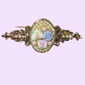 1928 Porcelain Roses & Pearls Gold Bar Pin